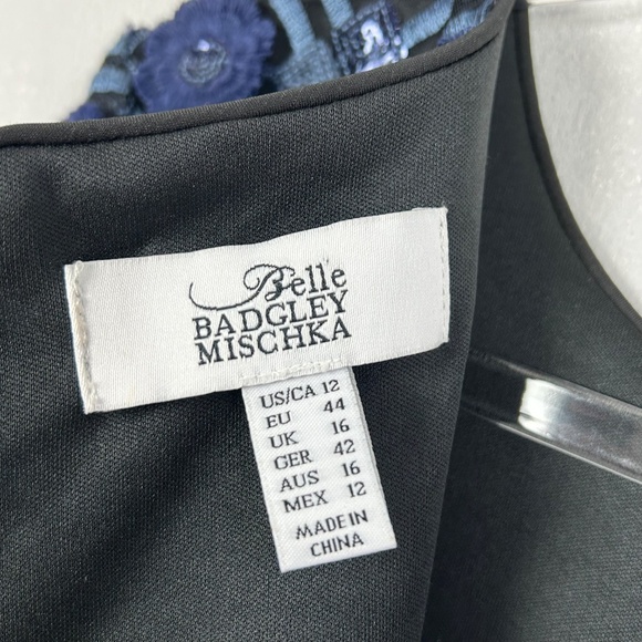 Badgley Mischka size 12 sheath dress navy textured floral sequin short sleeve - Picture 9 of 11